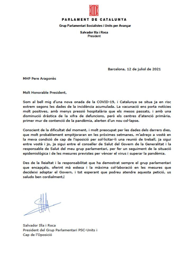 Carta enviada por Salvador Illa al presidente de la Generalitat sobre la situación del Covid