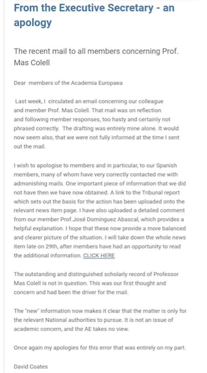 Disculpa de la Academia Europea por atacar a España en relación a la investigación de Andreu Mas-Colell