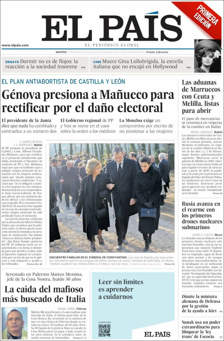 Portada de 'El País' del 17 de enero de 2023