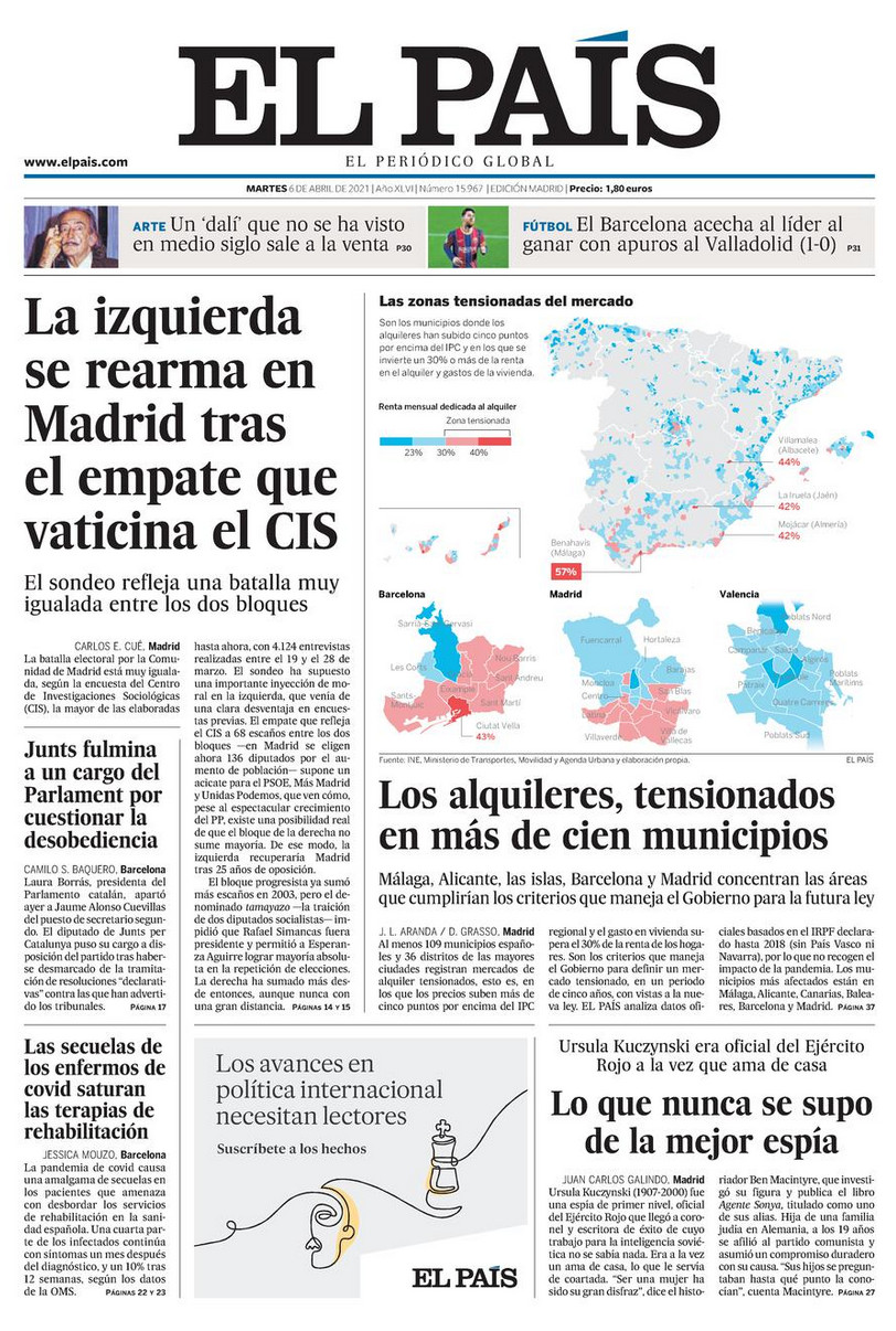 Portada de 'El País' del 6 de abril de 2021 / EL PAÍS