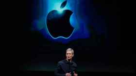 El director ejecutivo de Apple, Tim Cook, junto con el logo de la compañía. / EFE