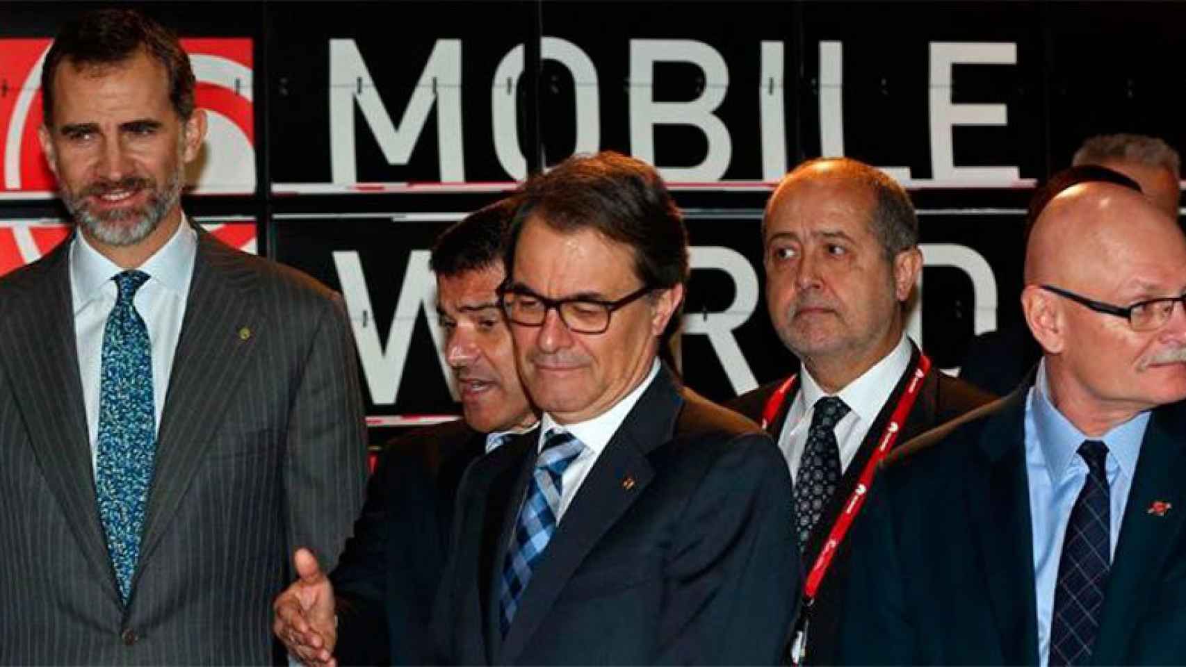Imagen de la inauguración de un MWC con la presencia del Rey, Agustín Cordón, Artur Mas, Felipe Puig y John Hoffman.