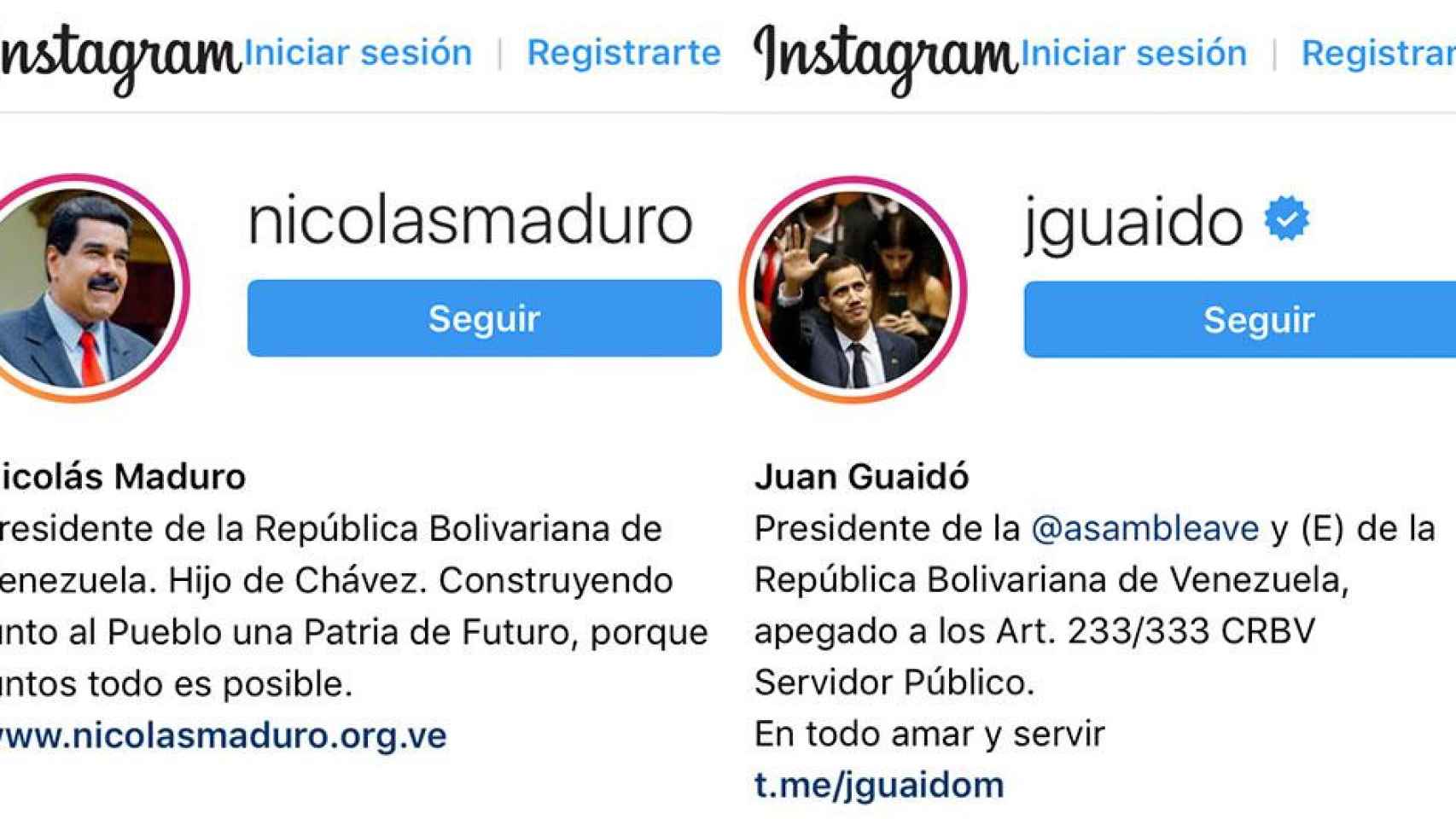 Perfiles de Nicolás Maduro y Juan Guaidó en Instagram