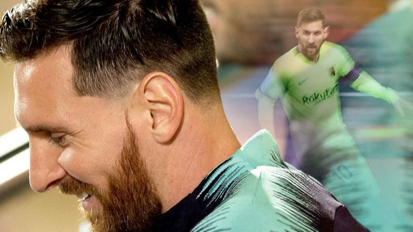 Leo Messi, sonriente y en acción / FOTOMONTAJE DE CULEMANÍA