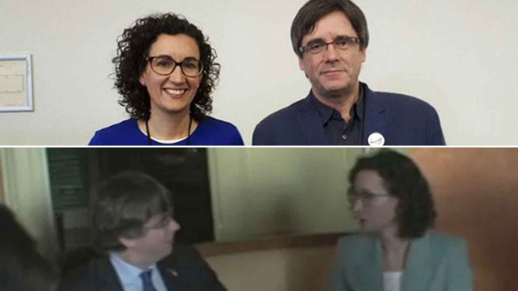 En la parte superior, imagen de Marta Rovira y Carles Puigdemont difundida por Rahola; en la inferior, el encuentro entre ambos de esta semana