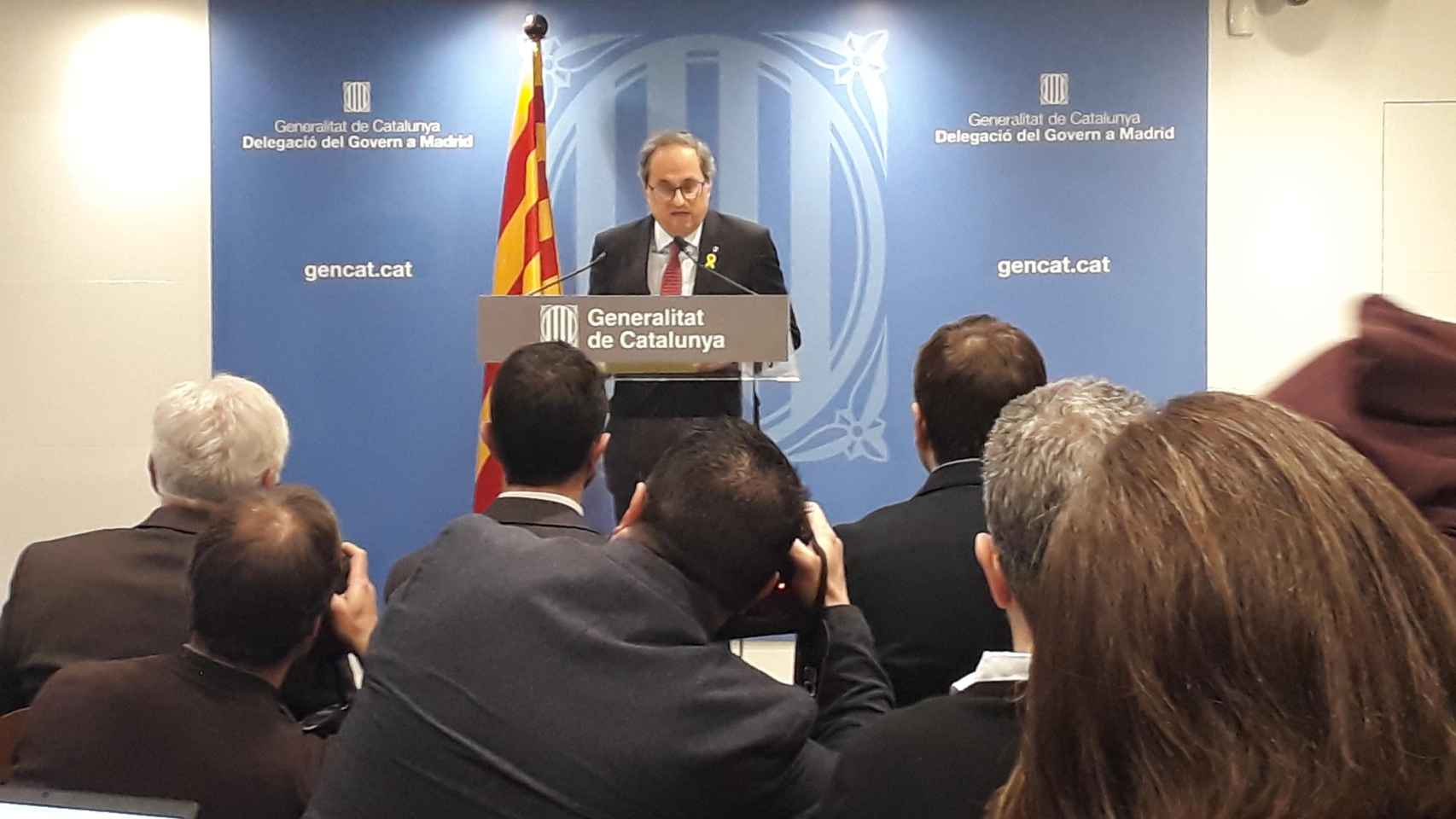 Quim Torra durante la rueda de prensa que ha dado en la sede de la Generalitat en Madrid