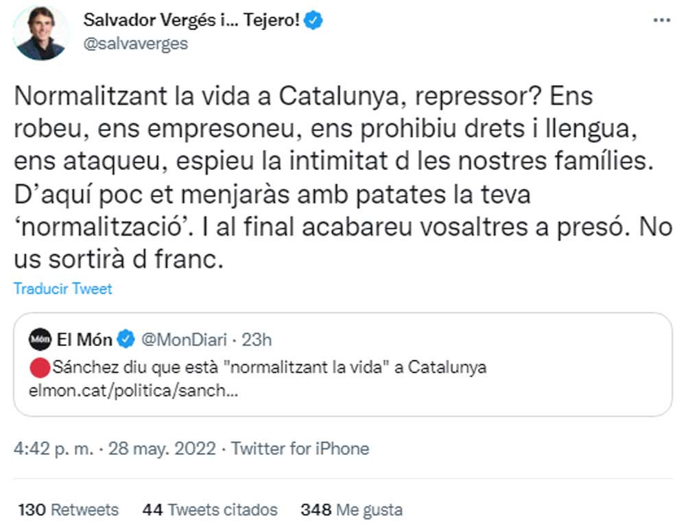 El diputado de JxCat Salvador Vergés, insultando a Pedro Sánchez en Twitter