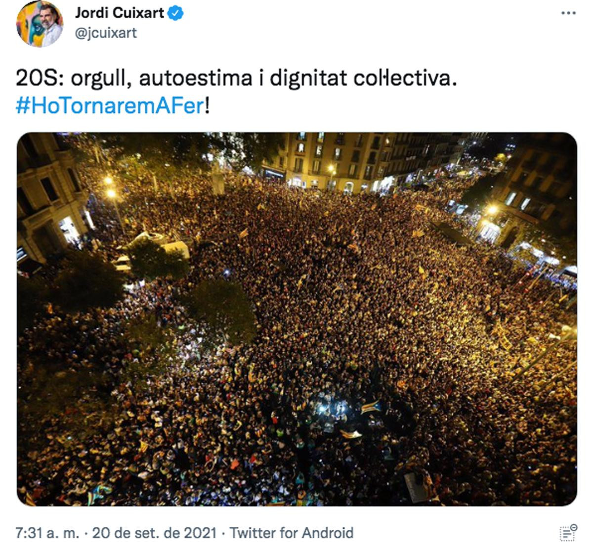 El tuit de de Jordi Cuixart sobre el 20S