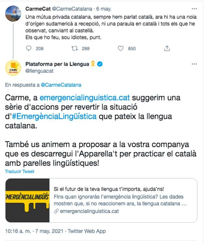 Reacción de Plataforma per la Llengua ante las críticas a una trabajadora castellanohablante