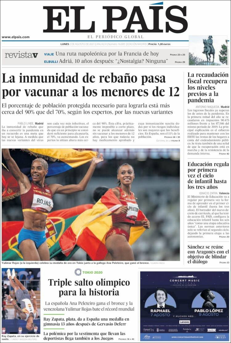 Portada de 'El País' del 2 de agosto de 2021 / EL PAÍS