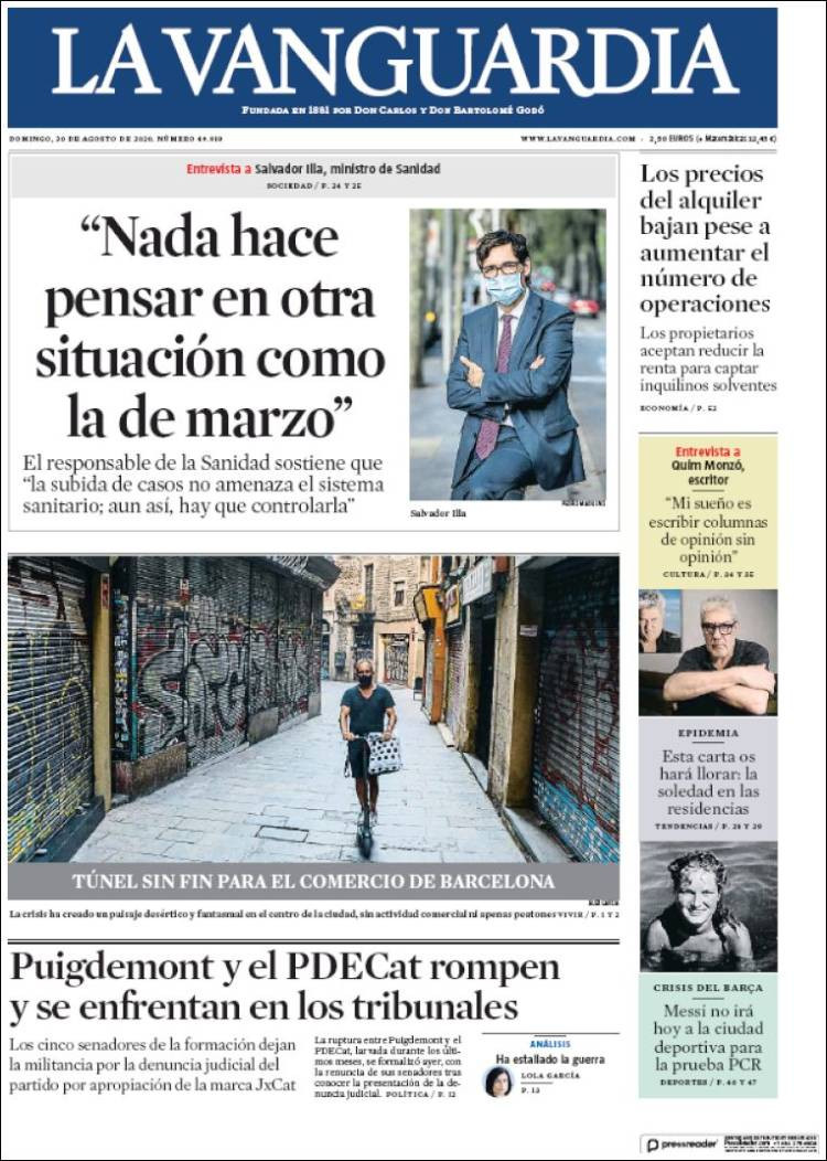 Portada de 'La Vanguardia' del 30 de agosto de 2020