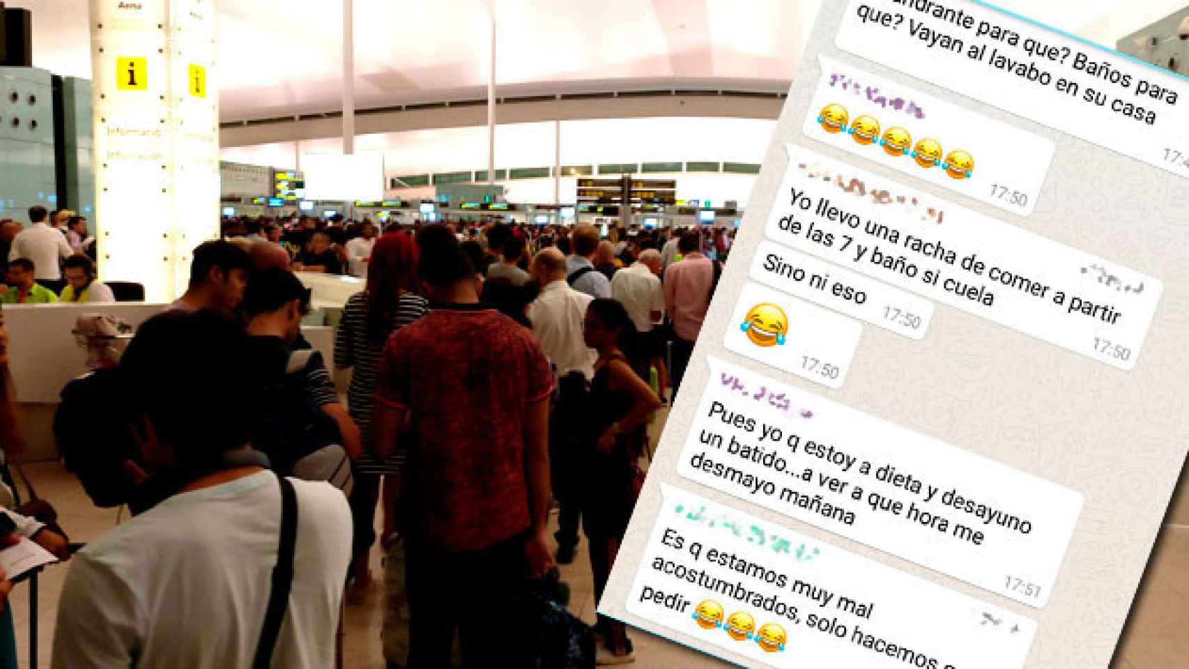 Una cola en el aeropuerto de El Prat el miércoles y denuncias de los empleados en WhatsApp / CG