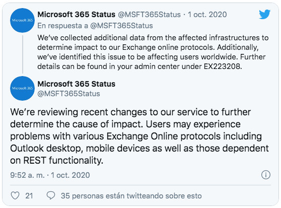Microsoft informa de la caída del servicio de Outlook