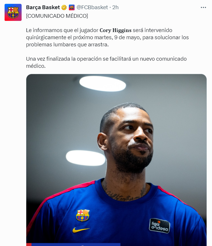 El Barça comunica el paso por quirófano de Cory Higgins REDES