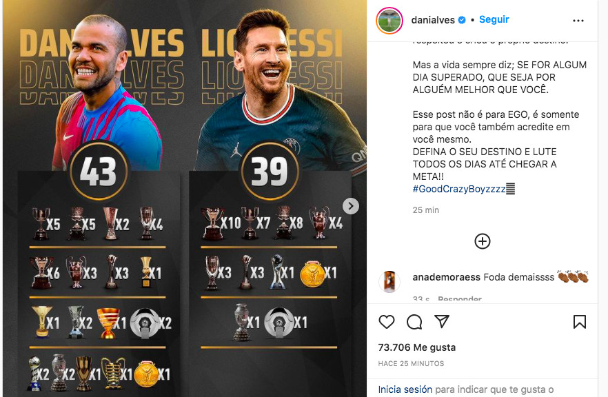Publicación de Dani Alves en Instagram en la que recuerda los títulos que tienen Messi y él / INSTAGRAM