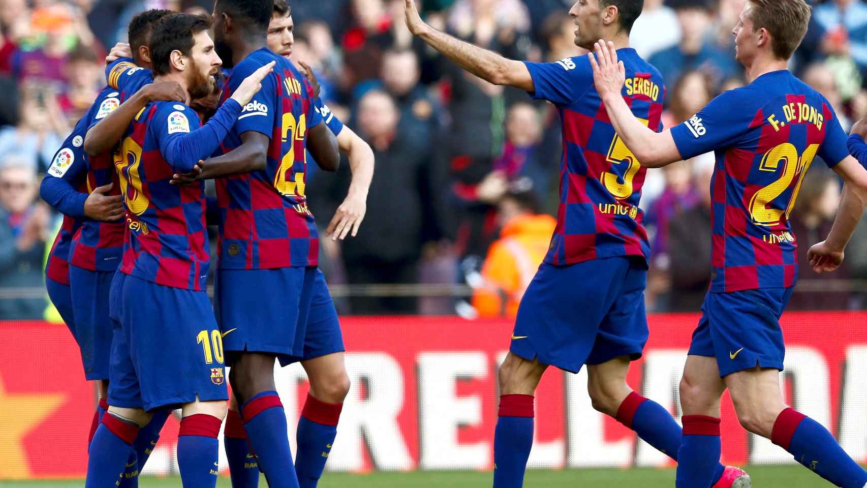 Los jugadores del Barça celebran su primer gol ante el Getafe en Liga / EFE