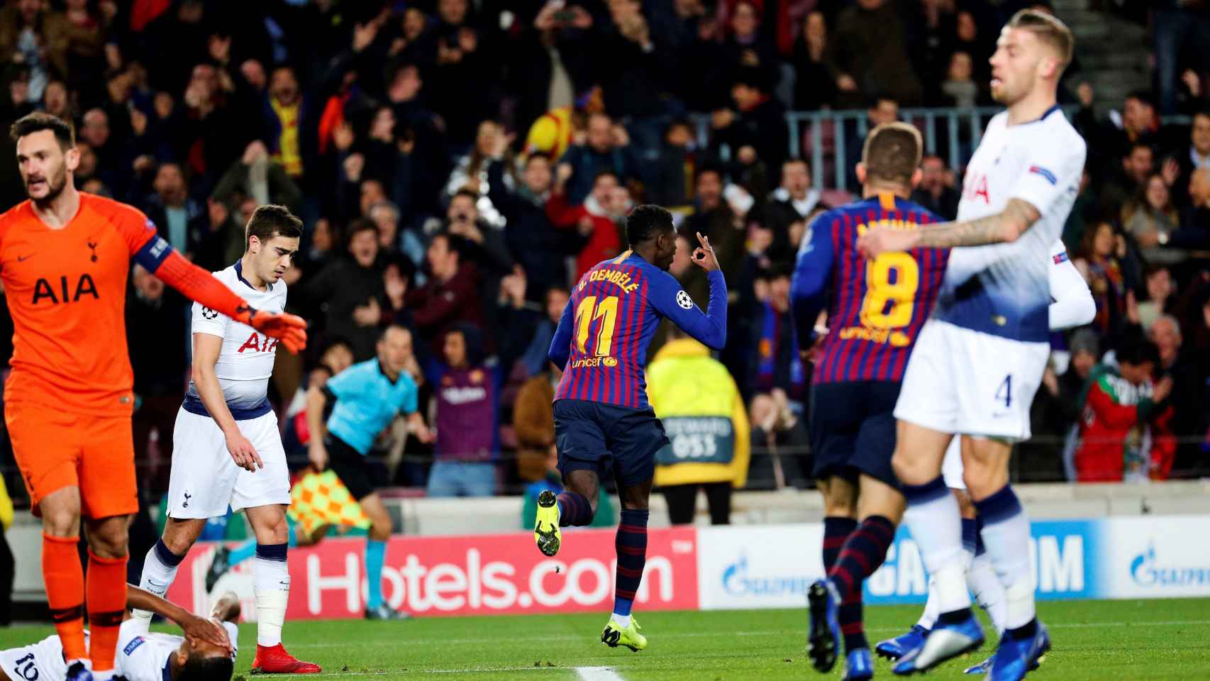 Dembelé corre alocado a celebrar su gol contra el Tottenham / EFE