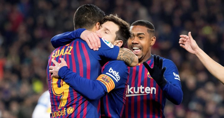 Messi, Suárez y Malcom celebrando un gol frente al Leganés / EFE