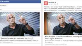A la izquierda, titular de la entrevista a Raül Romeva en 'El País'; a la derecha, entrada de la misma entrevista publicada en la cuenta de FaceBook de Junts pel sí