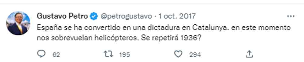 Tuits de Gustavo Petro contra España y a favor del referéndum ilegal de secesión de Cataluña de 2017 / TWITTER