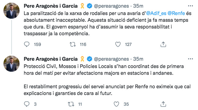 Pere Aragonès critica al Gobierno por la avería de trenes / TWITTER