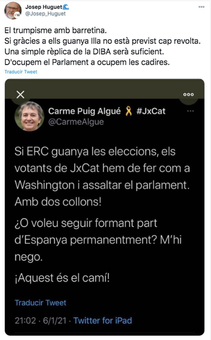 Tuit del exconsejero Josep Huguet sobre el trumpismo de sectores independentistas