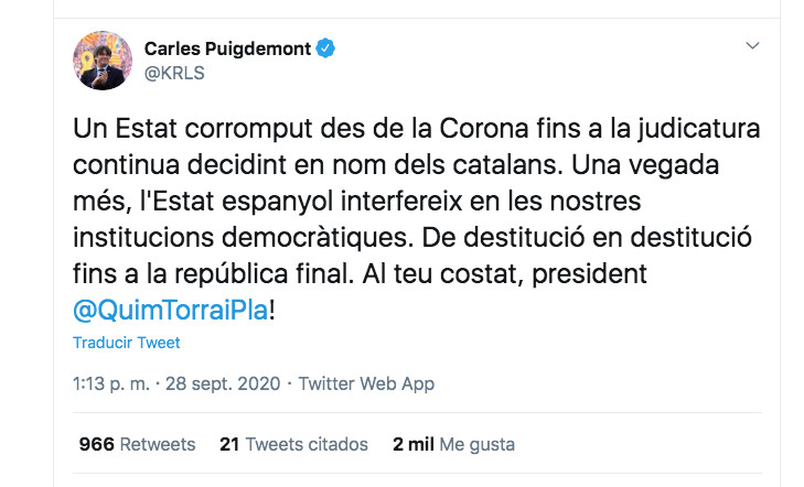 Tuit del expresidente de la Generalitat Carles Puigdemont