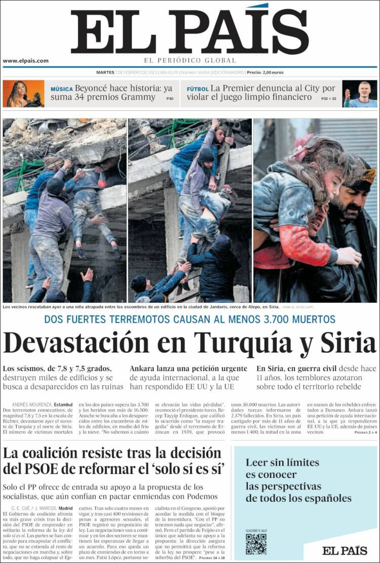 Portada de 'El País' del 7 de febrero de 2023 / kiosko.net
