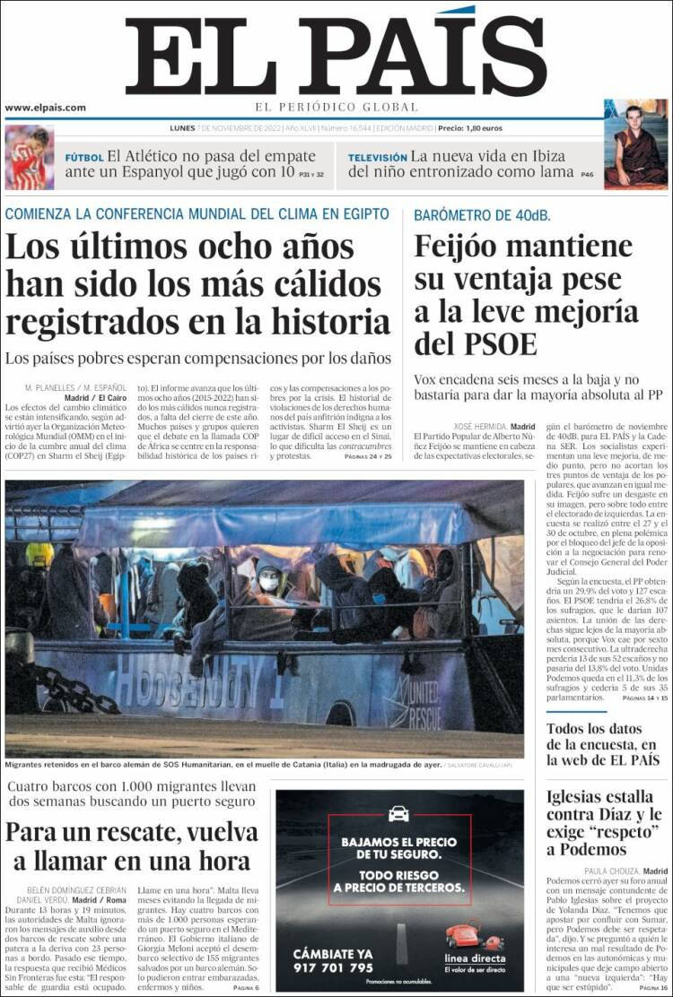 Portada de 'El País' del 7 de noviembre de 2022