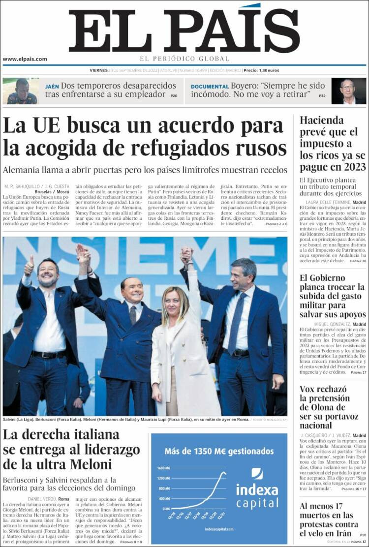 Portada de 'El País' del 23 de septiembre de 2022 / KIOSKO.NET
