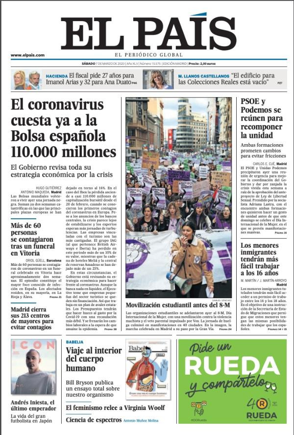 Portada de El País el 7 de marzo de 2020