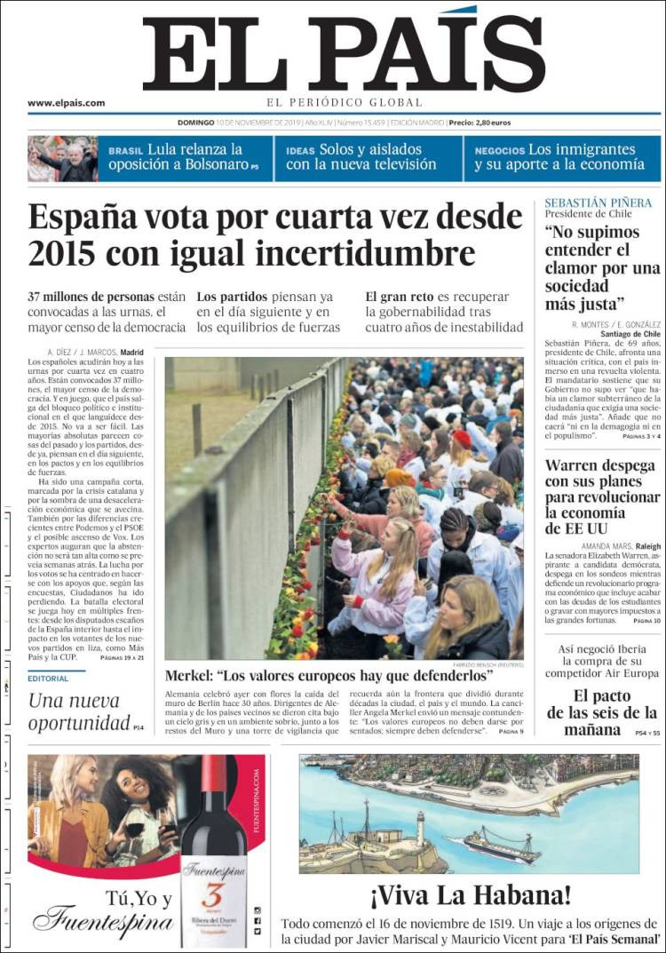 Portada de 'El País' del domingo 10 de noviembre