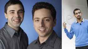 De izquieda a derecha, Larry Page y Sergey Brin, cofundadores de Google, y el nuevo director ejecutivo de la tecnológica, Sundar Pichai