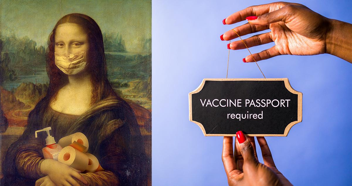 La Mona Lisa con mascarilla y un cartel en el que se lee 'Pasaporte Covid requerido' / PEXELS