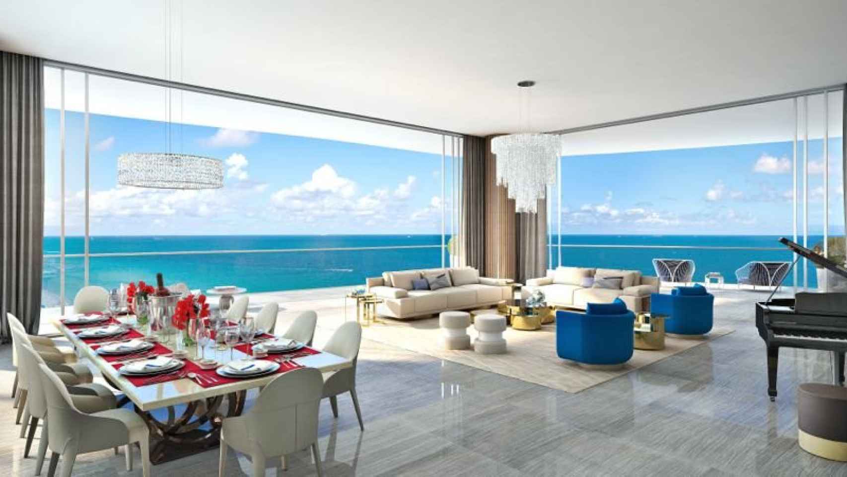 Imagen de cómo será la sala de estar de una de las residencias de lujo de Acqualina.