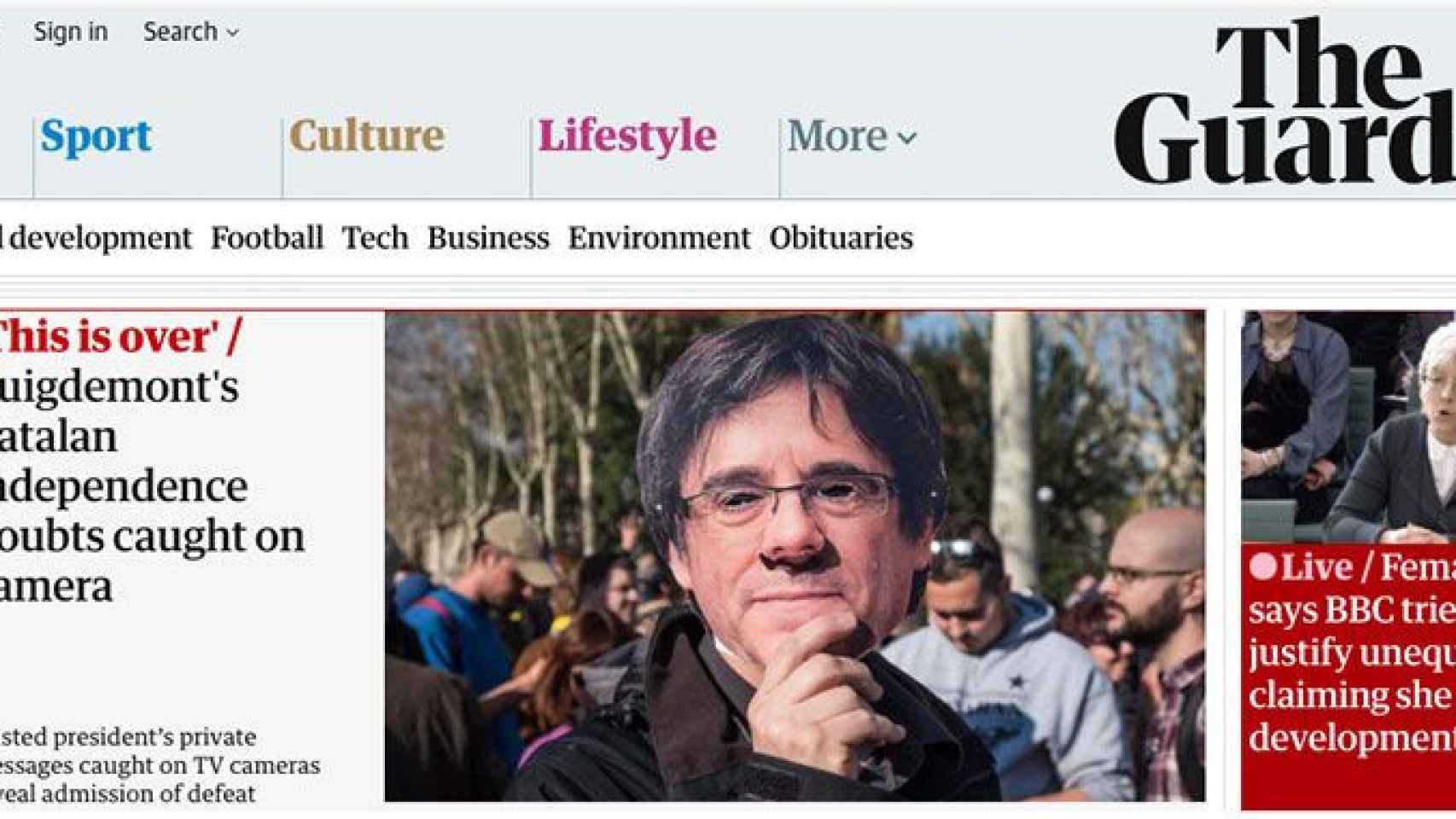 'The Guardian' destaca en su portada la noticia sobre los mensajes de Puigdemont a Comín / CG