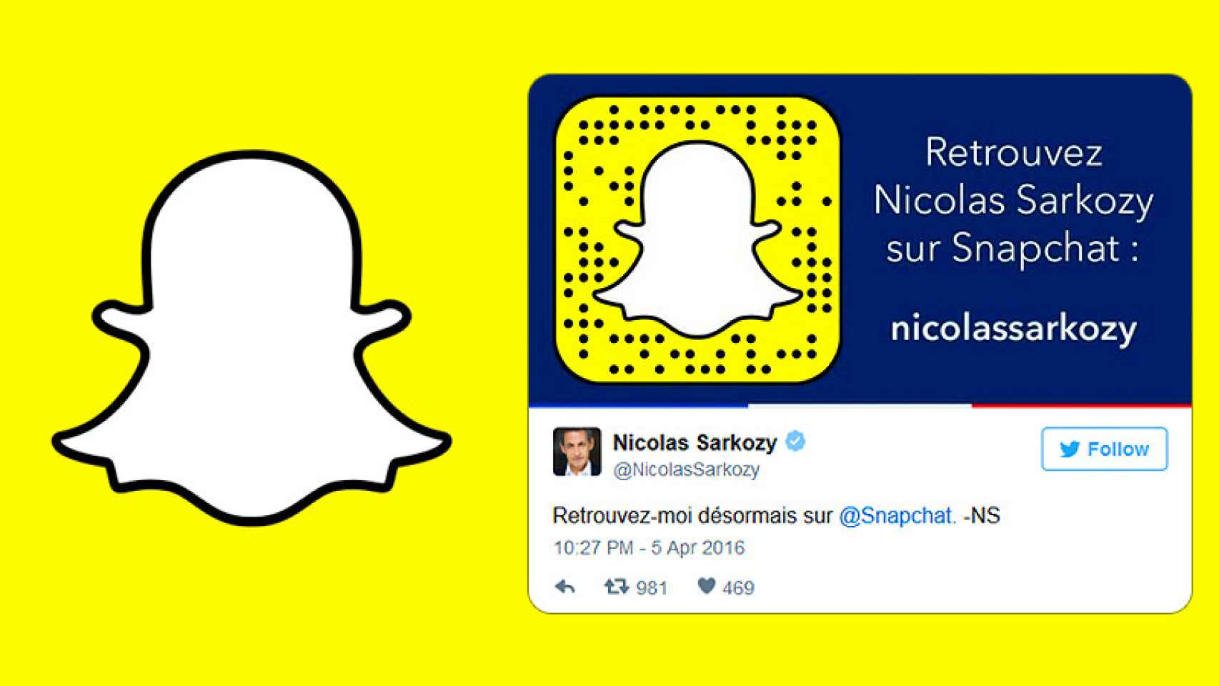 Cuenta del ex presidente francés Nicolas Sarkozy en Snapchat.