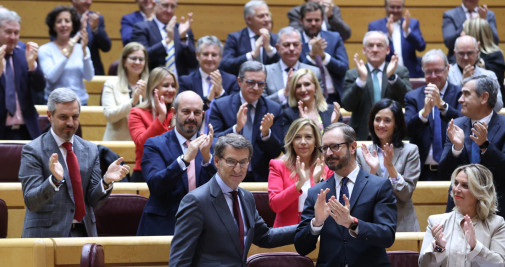 El líder del PP, Alberto Núñez Feijóo, aplaudido por los senadores de su partido / EFE - Kiko Huesca