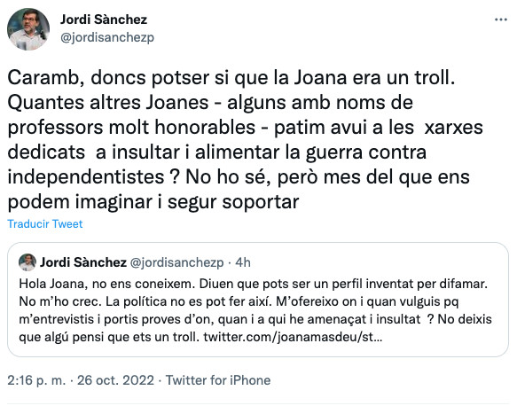 Jordi Sànchez, hablando de Joana Masdeu