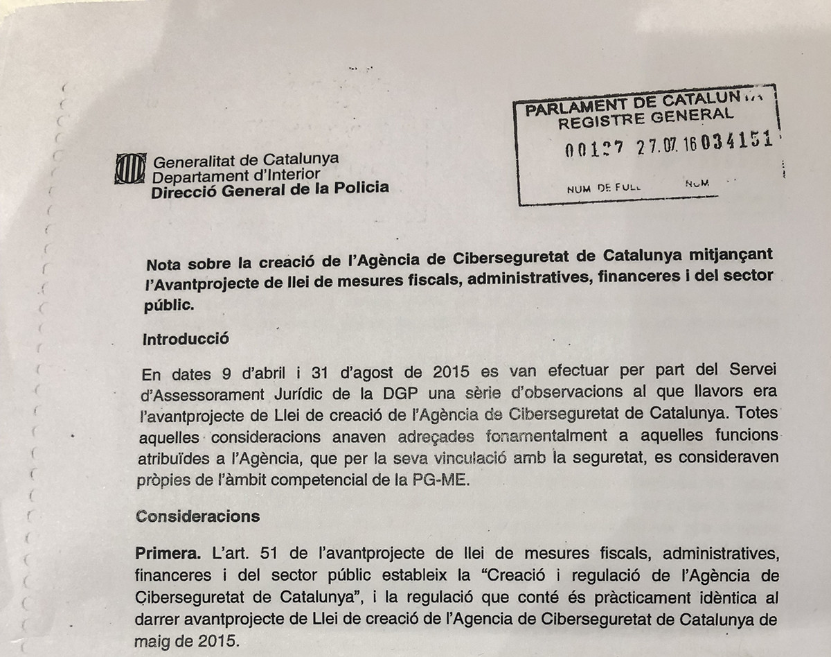 Informe de los Mossos d'Esquadra sobre la Agencia de Ciberseguridad de Cataluña