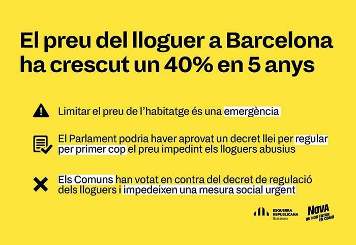 Grafismo de ERC y Nova contra los comunes por rechazar el decreto del Govern que regula el precio de los alquileres