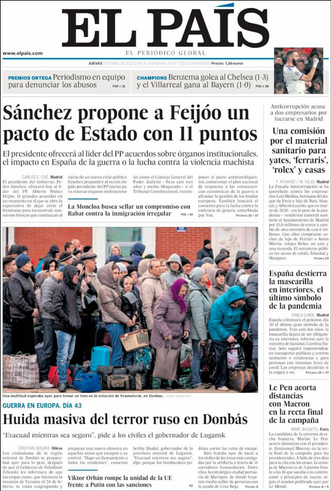 Portada de 'El País' del 7 de abril de 2022 / Kiosko