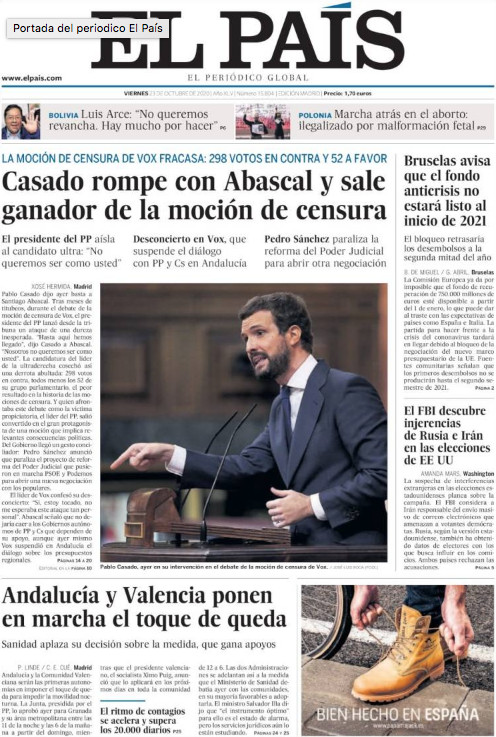 Portada de 'El País' del 23 de octubre de 2020 / KIOSKO.NET
