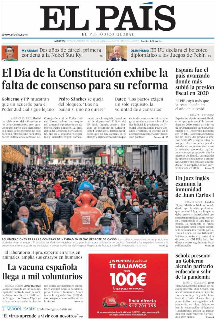 Portada 'El País' martes 7 de diciembre / KIOSKO.NET