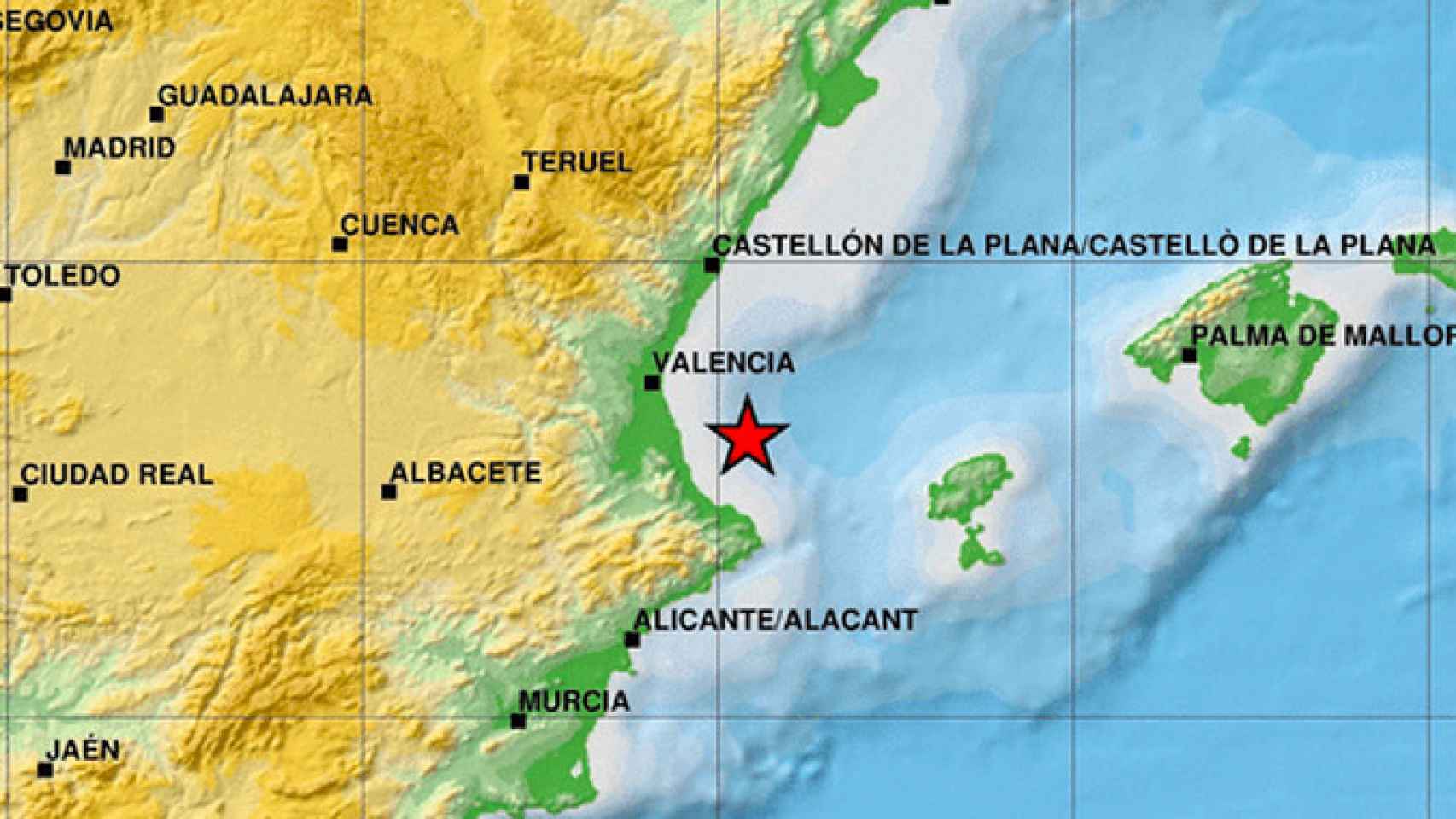 Mapa con una estrella que marca el epicentro del terremoto que ha sacudido la Comunidad Valenciana / IGN