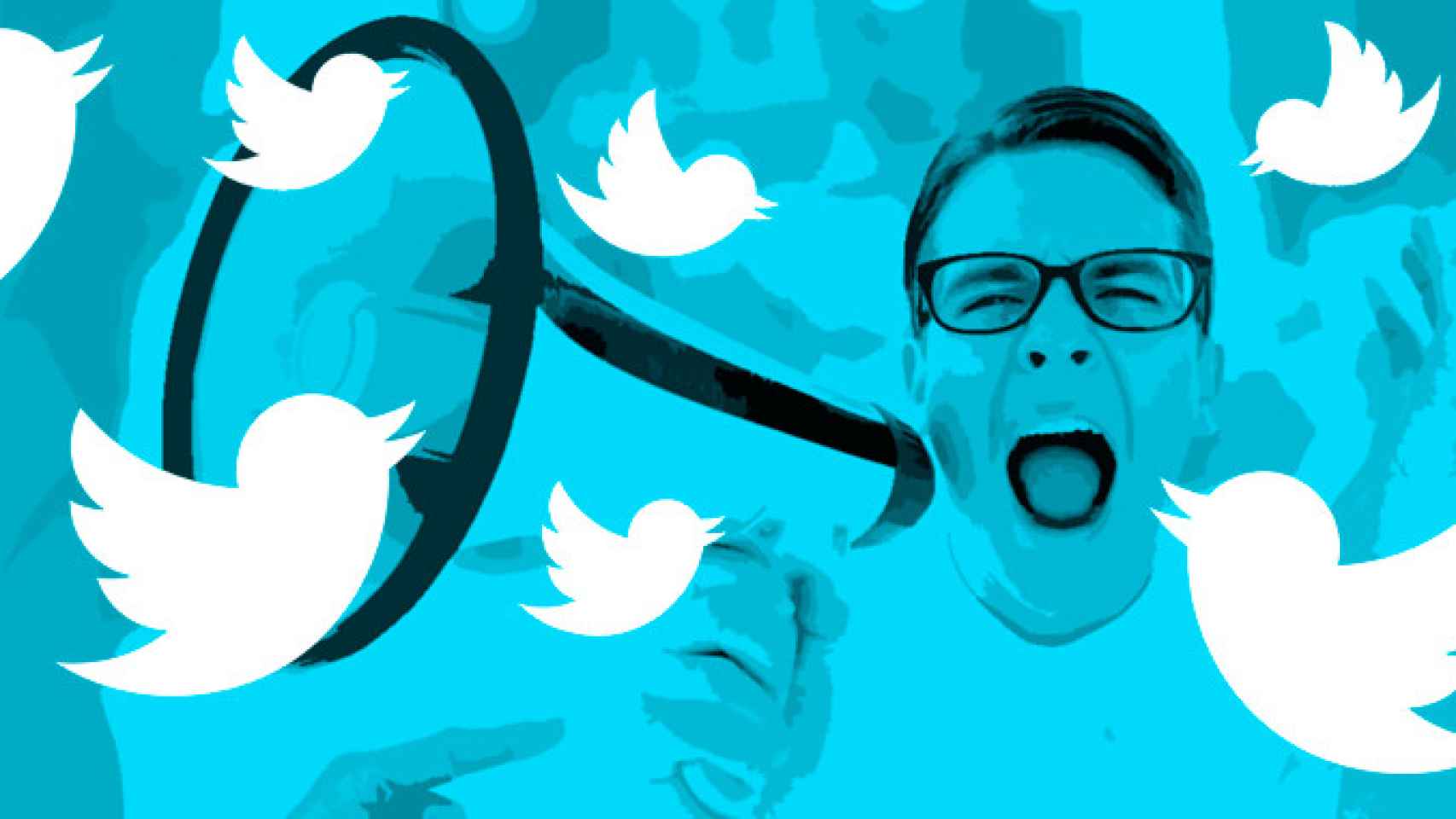 Un chico gritando con un altavoz entre logos de Twitter / FOTOMONTAJE DE CG