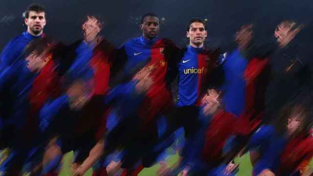 Yaya Touré (c), Gerard Piqué (i) y Rafa Márquez (d) en un partido con el Barça / FOTOMONTAJE DE CULEMANÍA