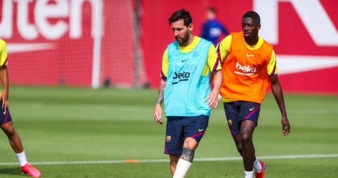 Messi y Dembele, en un entrenamiento del Barça / FCB
