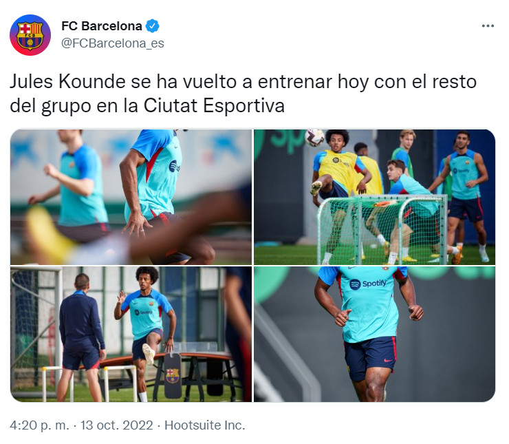 El Barça anuncia el regreso de Jules Koundé a los entrenamientos FCB