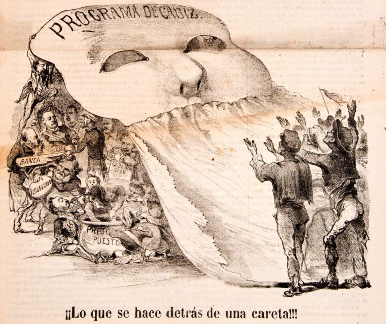 Dibujo de El pájaro rojo donde en una gran careta de carnaval se lee Programa de Cádiz, en alusión a la sublevación gaditana en donde nació La Gloriosa. 